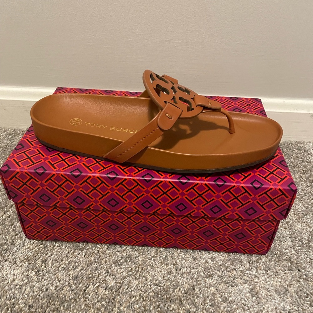Brand New Tory Burch Miller Cloud Leather Sandals in Aged Camello color.